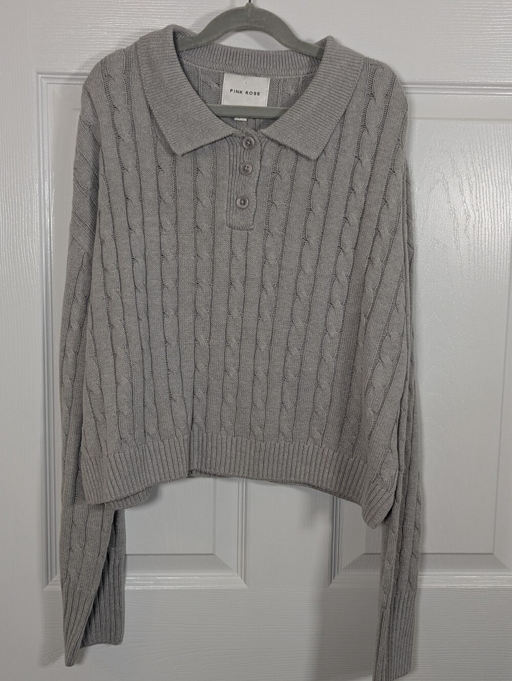 Pink Rose Cable Knit Polo Sweater – Light Heather Gray – Large – NWT
